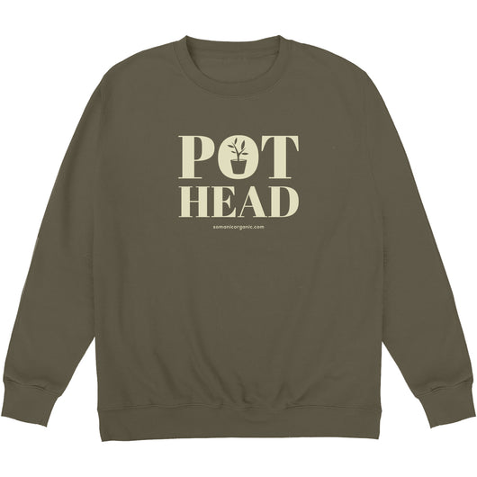 Pot Head organic sweatshirt in olive green from www.somanicorganic.com
