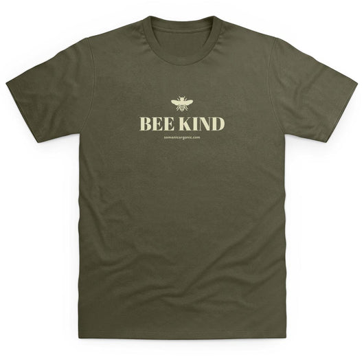 Image of Vegan certified and Organic 'Bee Kind' TShirt in olie green