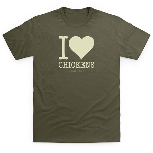 I love chickens organic T-Shirt in olive green from www.somanicorganic.com